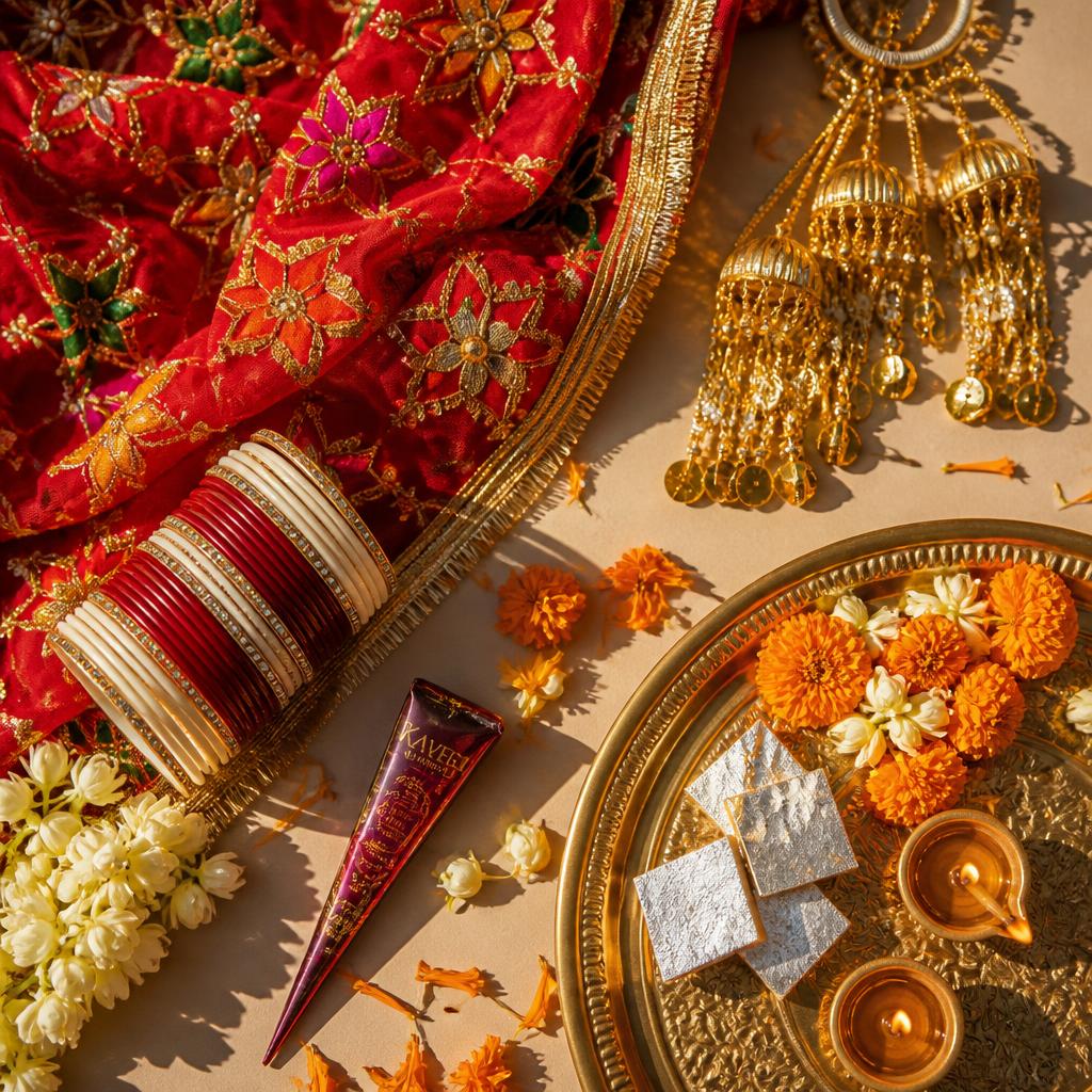 Flat lay of Punjabi wedding items — red phulkari dupatta, kaleere, red and ivory choora bangles, mehndi cone, marigolds and brass thali with mithai