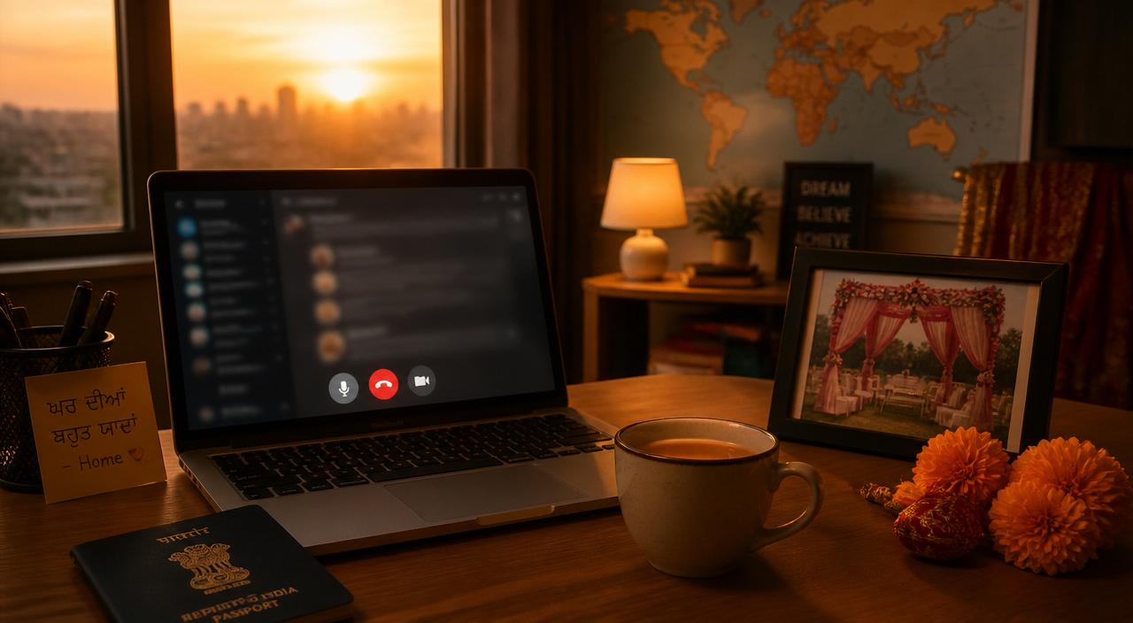 Cozy desk at golden hour with a laptop video call, chai, passport and a framed Punjabi wedding photo