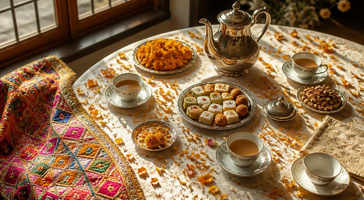 Elegant rishta tea table with fine china, mithai, marigold petals and phulkari dupatta in warm sunlight