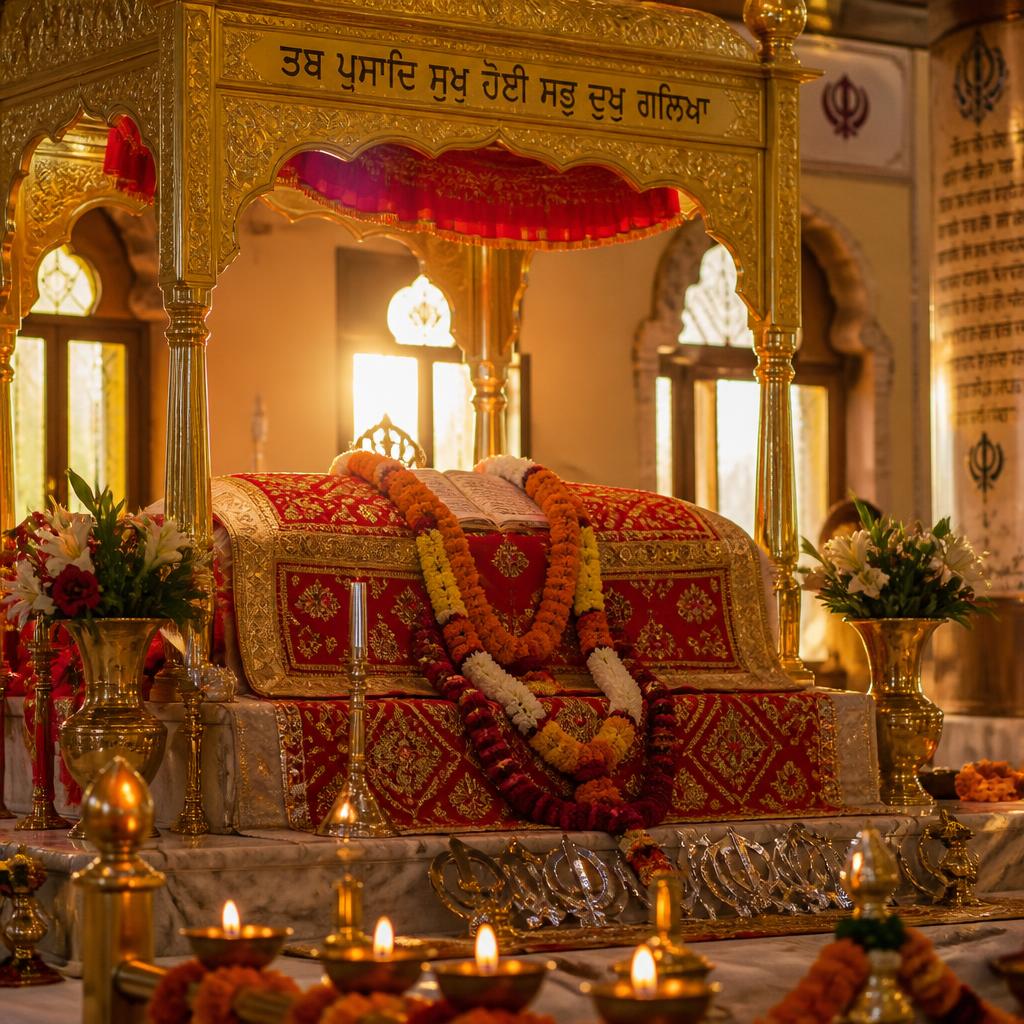 Guru Granth Sahib on an ornate golden palki draped with rumala, marigold garlands and lit diyas at a gurdwara