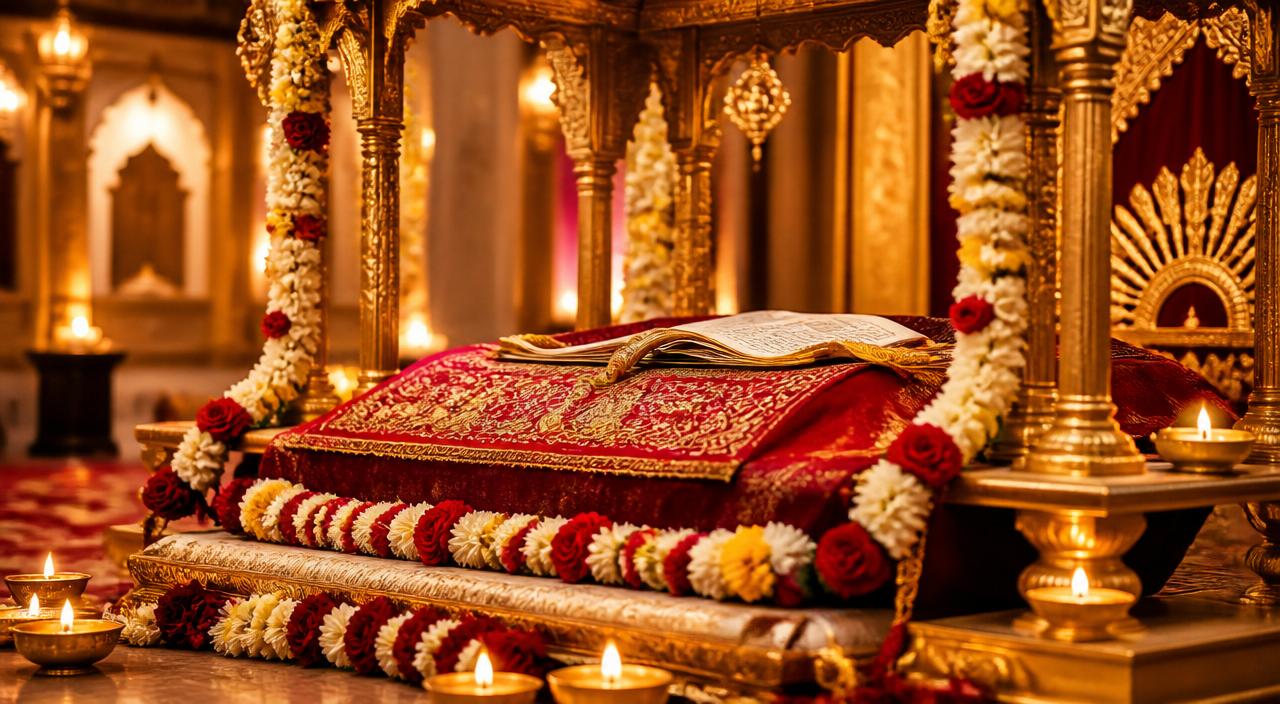 Ornate golden Anand Karaj palki draped with rose and marigold garlands, lit by diyas